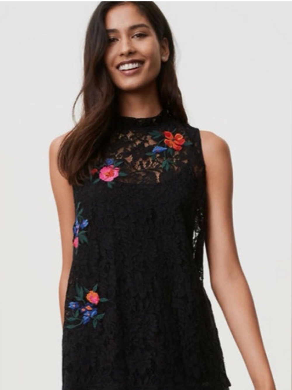 LOFT Black Lace Floral Embroidered Sleeveless Blouse Top Size XS Boho Cottage